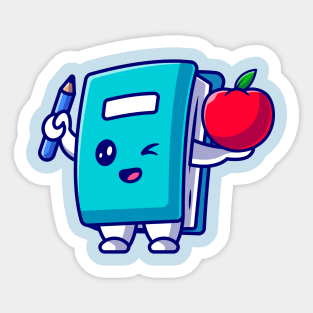 Cute Book Holding Pencil And Apple Cartoon Sticker